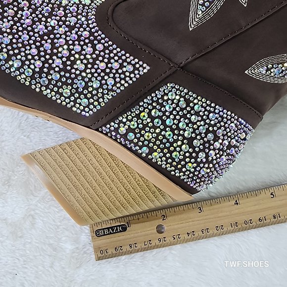 Crystal Dark Brown Multi Rhinestones Country Glam Western Cowgirl Knee Boots - Picture 11 of 17